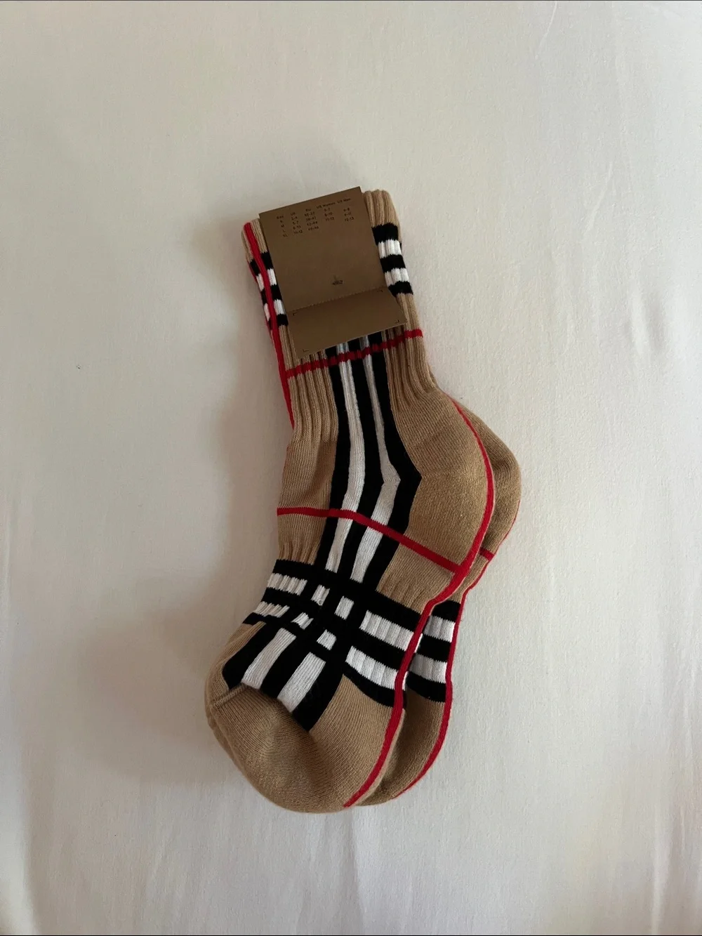 Burberry Tan Crew Socks with Black, White and Red Stripes